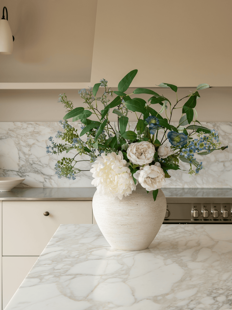 Faux Arrangement - White Dahlia and Blue Poppy