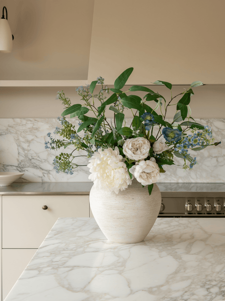 Faux Arrangement - White Dahlia and Blue Poppy