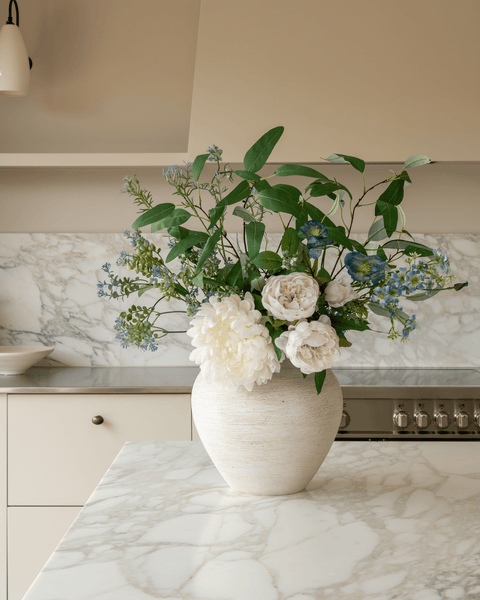Faux Arrangement - White Dahlia and Blue Poppy