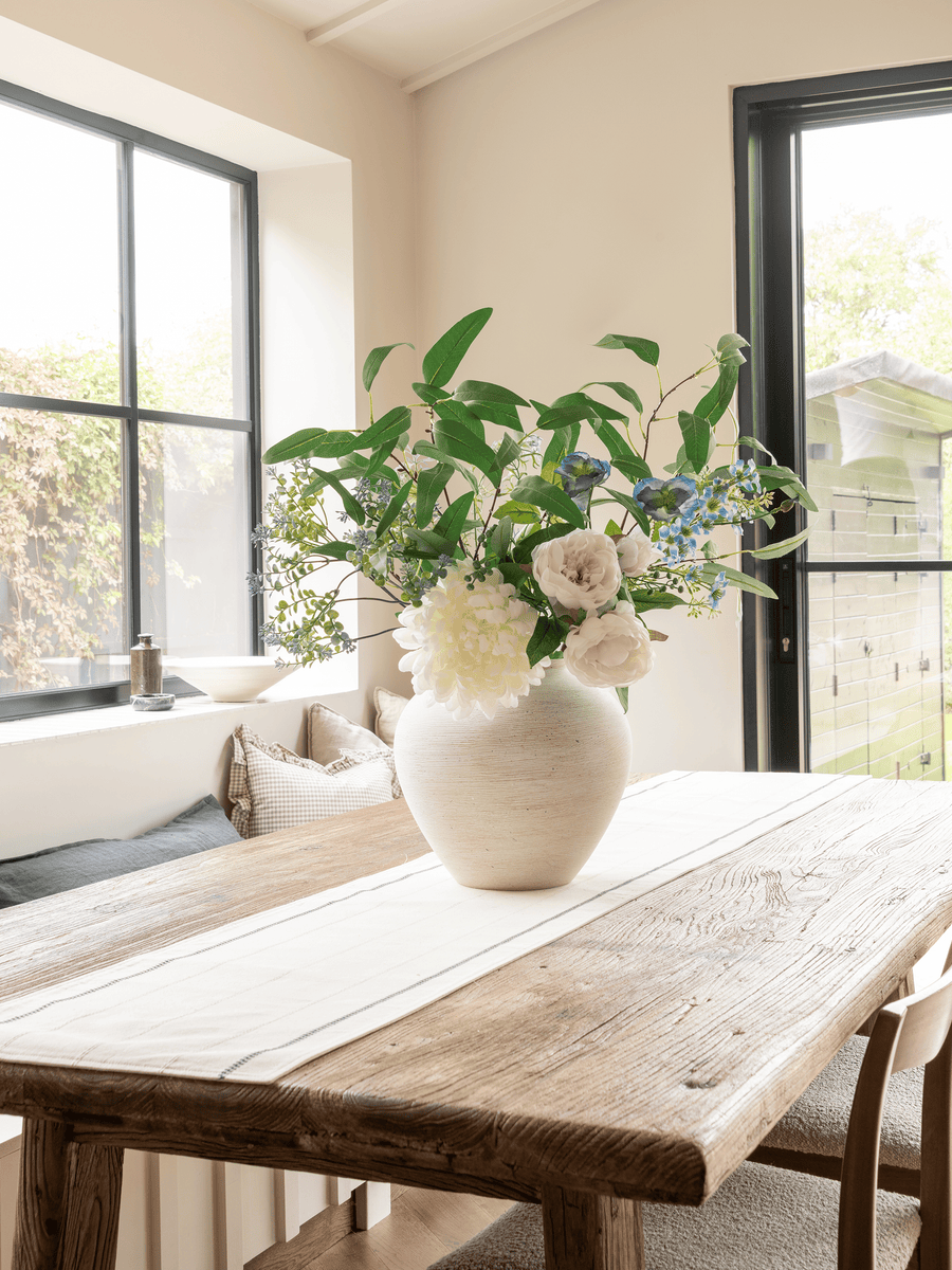 Faux Arrangement - White Dahlia and Blue Poppy