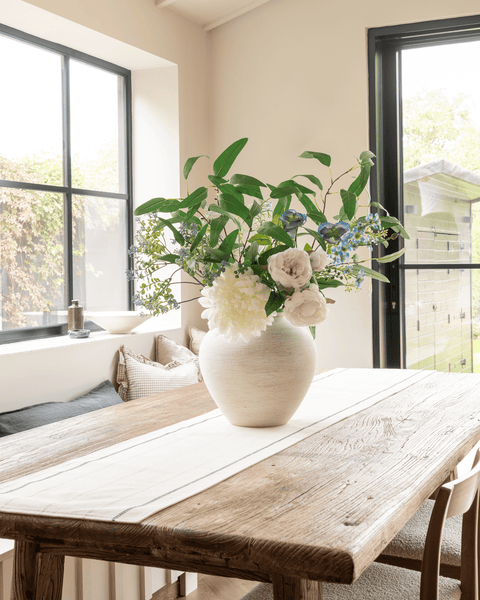Faux Arrangement - White Dahlia and Blue Poppy