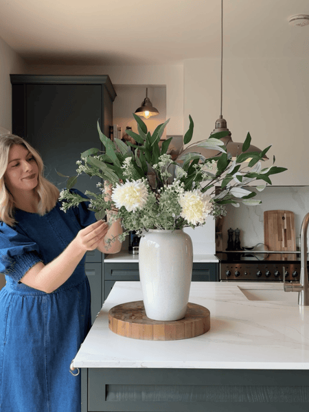 Faux Arrangement - White Dahlia & Green Foliage