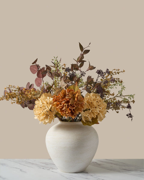 Faux Arrangement - Orange Hydrangea & Eucalyptus