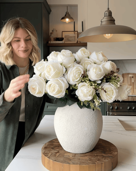 Faux Large Rose Arrangement - White Ivory (3 Stems/21 Roses)