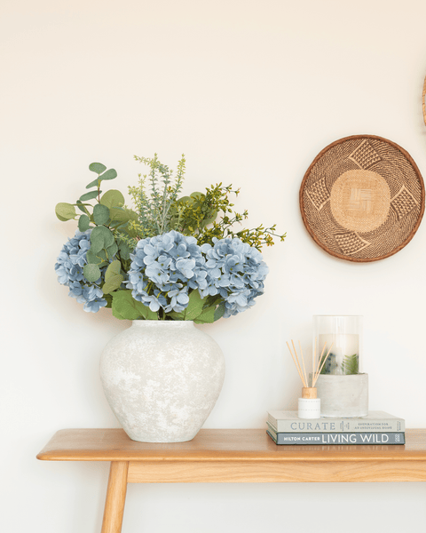 Faux Arrangement - Eucalyptus & Blue Hydrangea