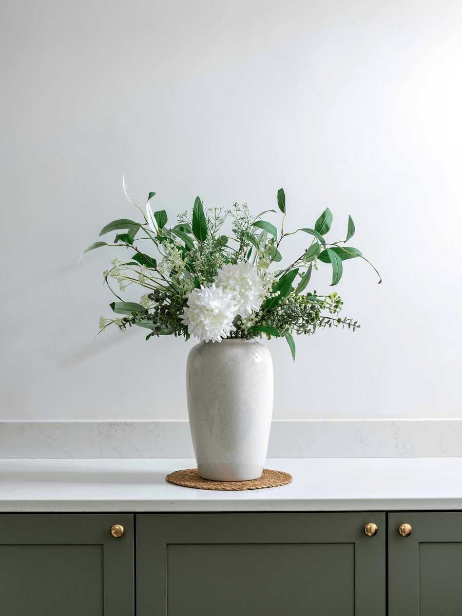 Faux Arrangement - White Dahlia & Green Foliage
