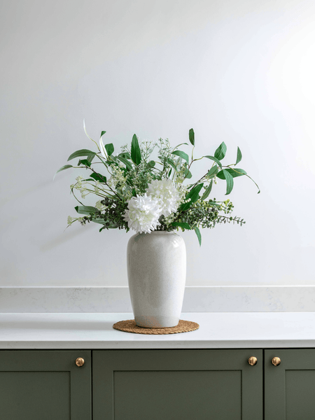 Faux Arrangement - White Dahlia & Green Foliage
