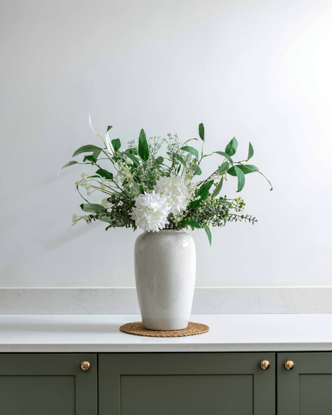 Faux Arrangement - White Dahlia & Green Foliage