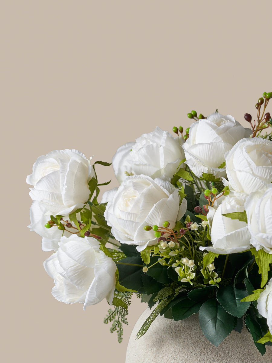 Faux Large Rose Arrangement - White Ivory (3 Stems/21 Roses)