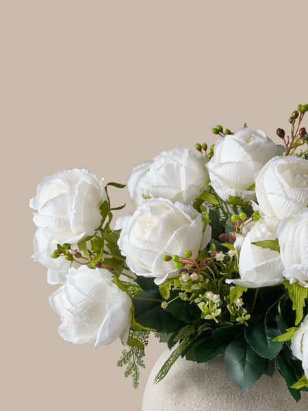 Faux Large Rose Arrangement - White Ivory (3 Stems/21 Roses)