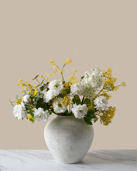 Faux Arrangement - Eucalyptus, Yellow Mimosa & White Dahlia