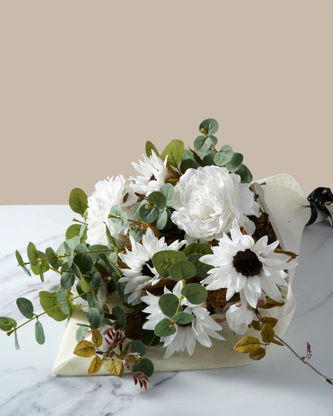 Faux Arrangement - White Peony & Sunflower