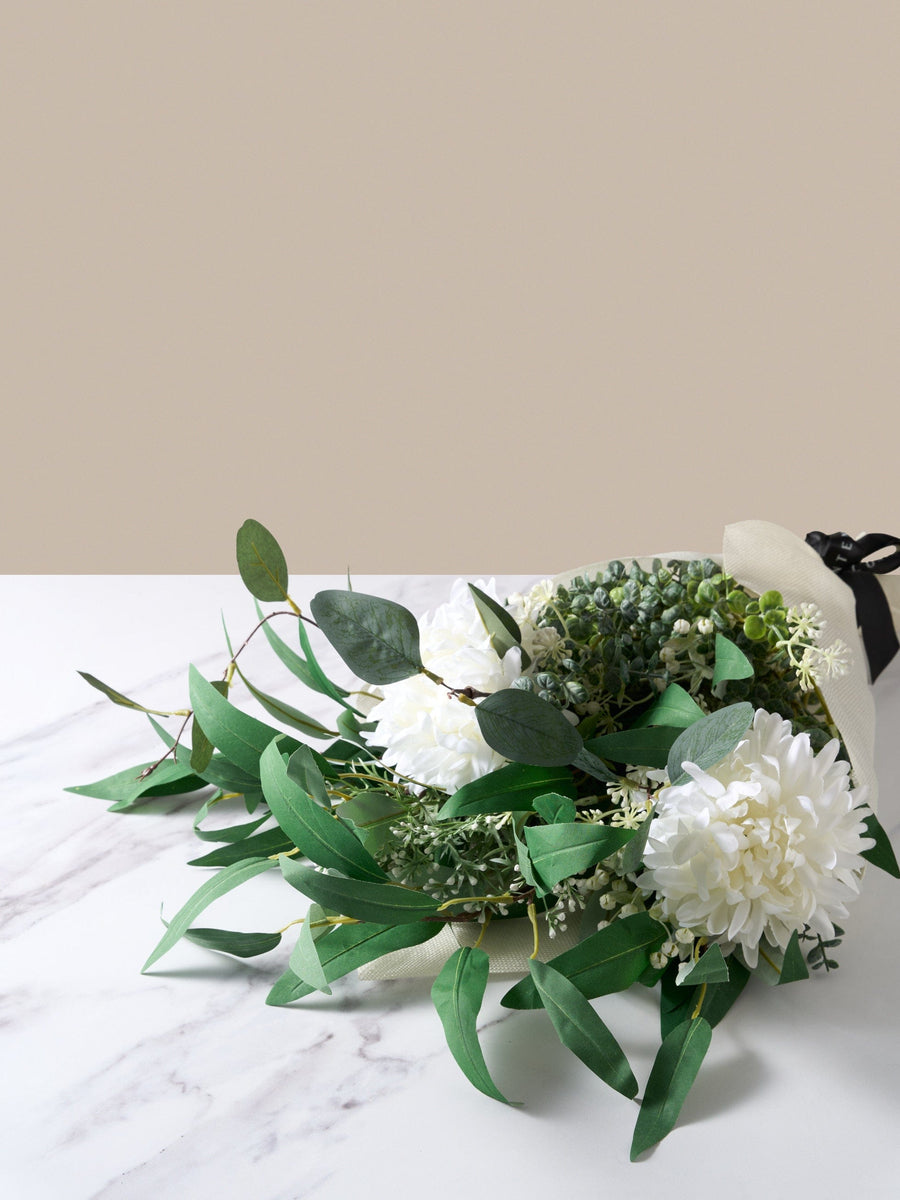 Faux Arrangement - White Dahlia & Green Foliage
