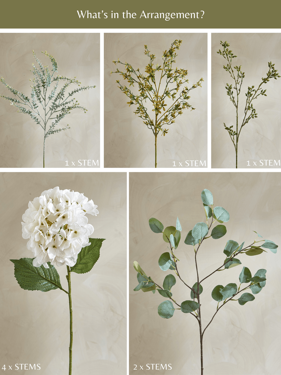 Faux Arrangement - Eucalyptus & White Hydrangea
