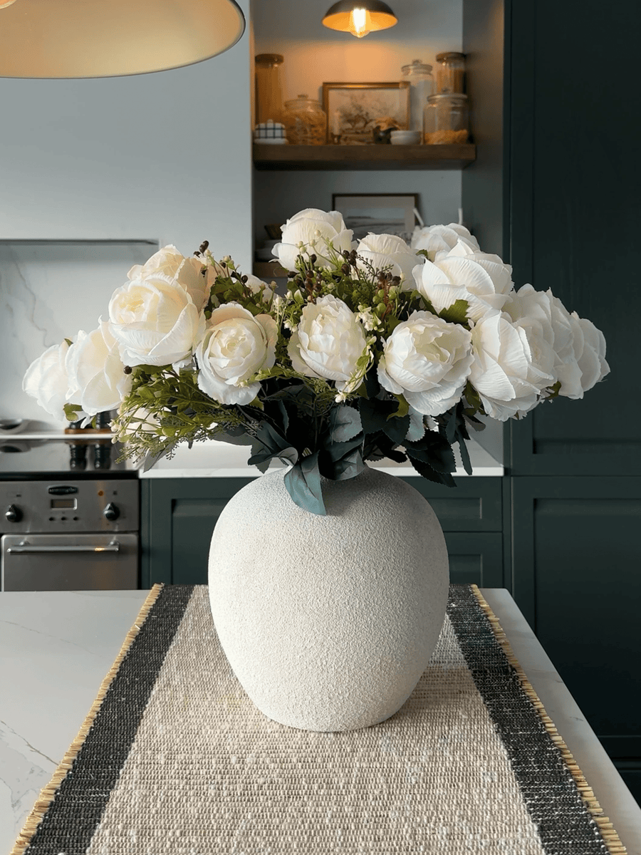 Faux Large Rose Arrangement - White Ivory (3 Stems/21 Roses)